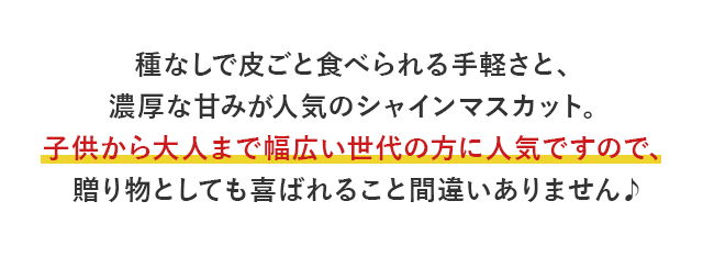 種なしで皮ごと食べられる手軽さと、濃厚な甘みが人気のシャインマスカット。子供から大人まで幅広い世代の方に人気ですので、贈り物としても喜ばれること間違いありません♪