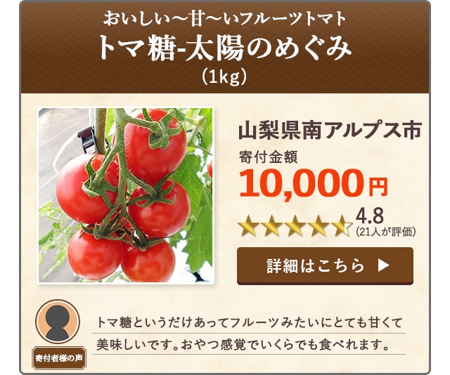 【★４．８(２１人が評価)】「おいしい〜甘〜いフルーツトマト『トマ糖-太陽のめぐみ』」(1kg)/山梨県南アルプス市（寄付金額 10,000円）