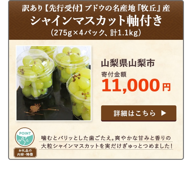 「【訳あり】【先行受付】ブドウの名産地『牧丘』産シャインマスカット軸付き」(275g×4パック、計1.1kg)/山梨県山梨市（寄付金額 11,000円）