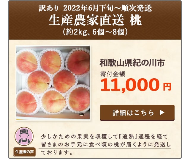 「2022年6月下旬〜順次発送 生産農家直送 桃 訳あり」(約2kg、6個〜8個)/和歌山県紀の川市（寄付金額 11,000円）