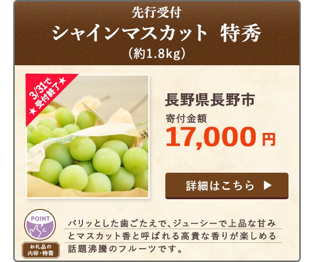 ★3/31で受付終了★「【先行受付】シャインマスカット 特秀」(約1.8kg)/長野県長野市（寄付金額 17,000円）
