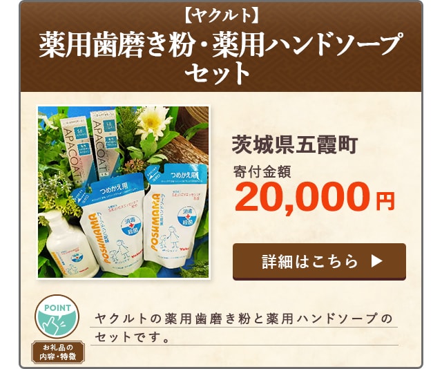 「【ヤクルト】薬用歯磨き粉・薬用ハンドソープセット」/茨城県五霞町（寄付金額 20,000円）