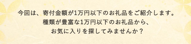 今回は、寄付金額が1万円以下のお礼品をご紹介します。種類が豊富な1万円以下のお礼品から、お気に入りを探してみませんか？