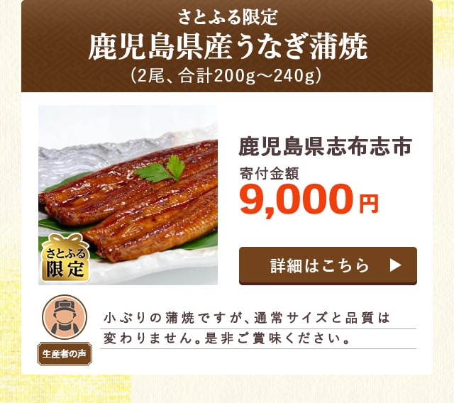 「【さとふる限定】鹿児島県産うなぎ蒲焼」(2尾、合計200g～240g)/鹿児島県志布志市（寄付金額 9,000円）