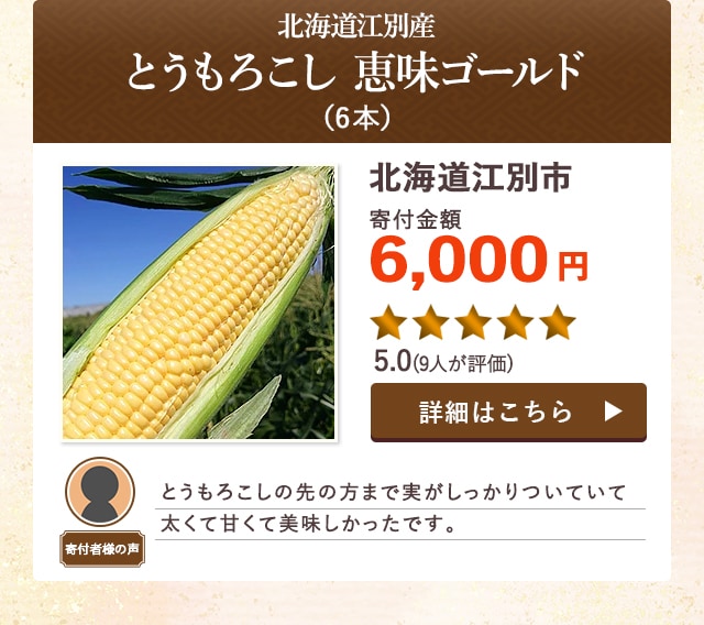 【★５．０(９人が評価)】「北海道江別産 とうもろこし 恵味ゴールド」(6本)/北海道江別市（寄付金額 6,000円）