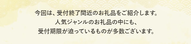 今回は、受付終了間近のお礼品をご紹介します。人気ジャンルのお礼品の中にも、受付期限が迫っているものが多数ございます。