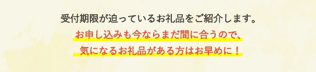 受付期限が迫っているお礼品をご紹介します。お申し込みも今ならまだ間に合うので、気になるお礼品がある方はお早めに！