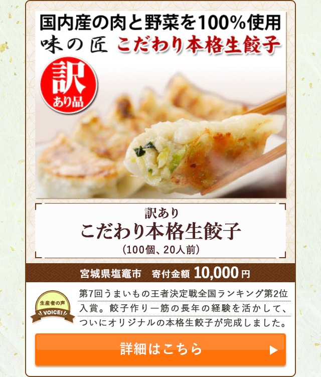 「【訳あり品】こだわり本格生餃子」(100個、20人前)/宮城県塩竈市（寄付金額 10,000円）