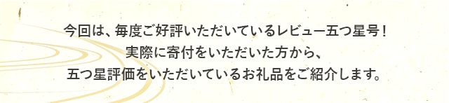 今回は、毎度ご好評いただいている【レビュー五つ星号】！実際に寄付をいただいた方から、五つ星評価をいただいているお礼品をご紹介します。