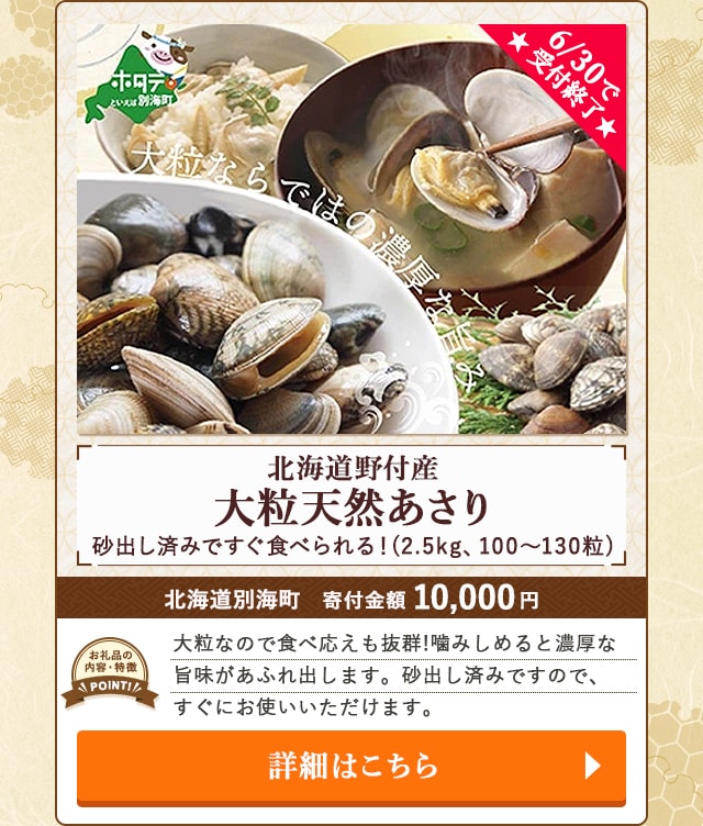 ★6/30で受付終了★「【北海道野付産】大粒天然あさり 砂出し済みですぐ食べられる！」(2.5kg、100～130粒)/北海道別海町（寄付金額 10,000円）