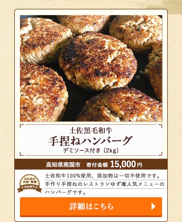 「土佐黒毛和牛手捏ねハンバーグ デミソース付き」(2kg)/高知県南国市（寄付金額 15,000円）