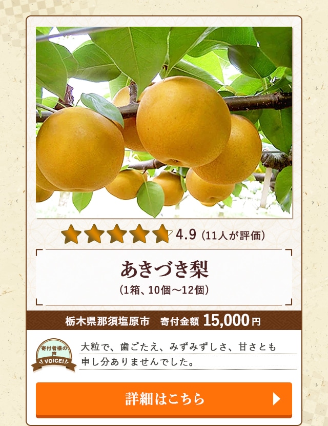 【★４．９(１１人が評価)】「あきづき梨」(1箱、10個〜12個)/栃木県那須塩原市（寄付金額 15,000円）