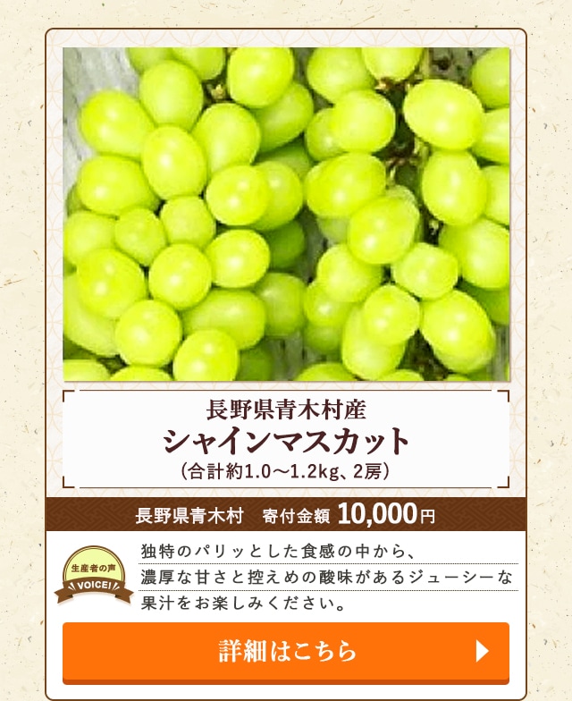 「長野県青木村産シャインマスカット」(合計約1.0〜1.2kg、2房)/長野県青木村（寄付金額 10,000円）