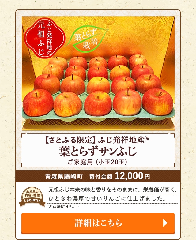 「【さとふる限定】ふじ発祥地産(※) 葉とらずサンふじ ご家庭用」(小玉20玉)/青森県藤崎町（寄付金額 12,000円）