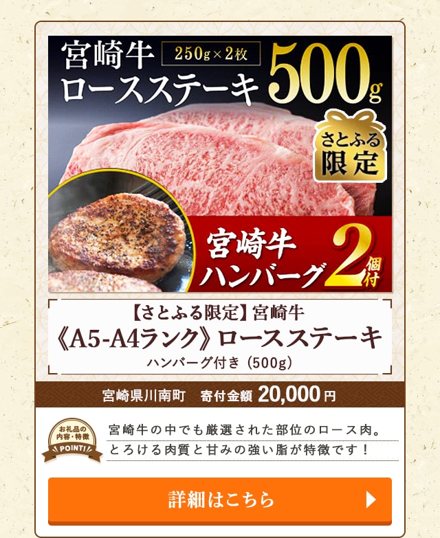 「【さとふる限定】宮崎牛《A5-A4ランク》ロースステーキ(ハンバーグ付き)」(500g)/宮崎県川南町（寄付金額 20,000円）