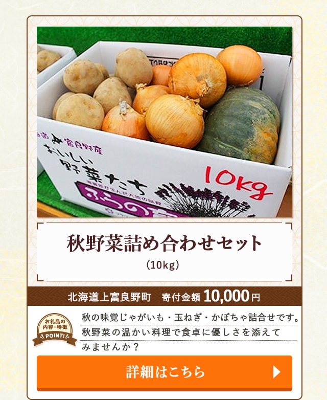 「秋野菜詰め合わせセット」(10kg)/北海道上富良野町（寄付金額 10,000円）