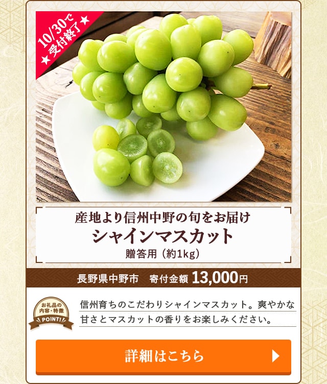 ★10/30で受付終了★「産地より信州中野の旬をお届け シャインマスカット 贈答用」(約1kg)/長野県中野市（寄付金額 13,000円）
