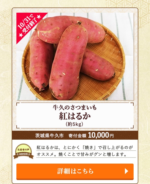★10/31で受付終了★「牛久のさつまいも 【紅はるか】」(約5kg)/茨城県牛久市（寄付金額 10,000円）