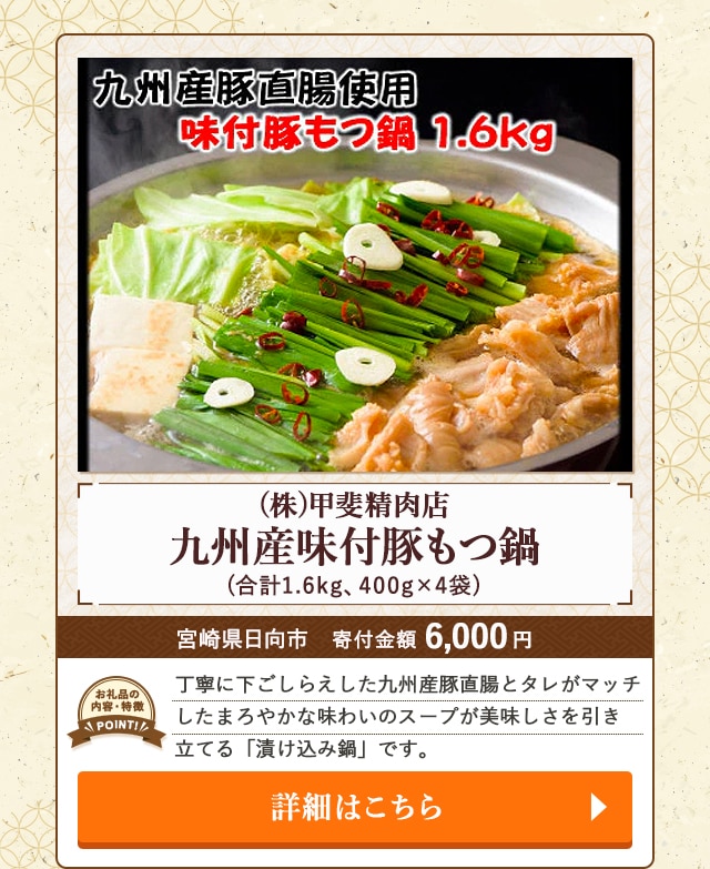 「【(株)甲斐精肉店】九州産味付豚もつ鍋」(合計1.6kg、400g×4袋)/宮崎県日向市（寄付金額 6,000円）