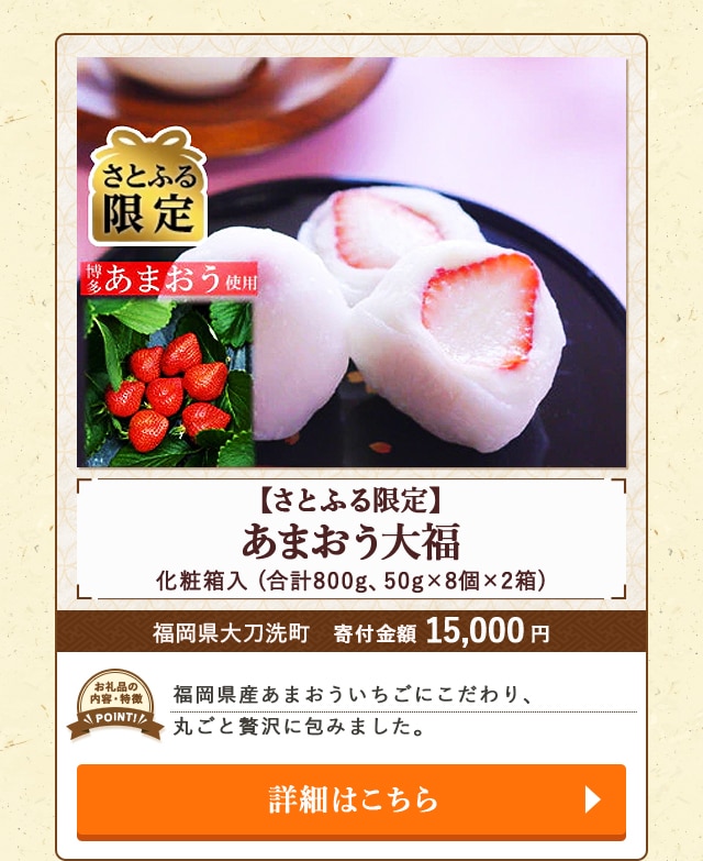 「【さとふる限定】あまおう大福 化粧箱入」(合計800g、50g×8個×2箱)/福岡県大刀洗町（寄付金額 15,000円）
