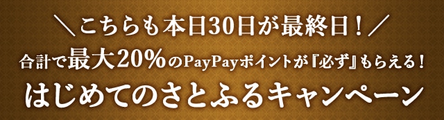 ＼こちらも本日30日が最終日！／合計で最大《20％》のPayPayポイントが『必ず』もらえる！はじめてのさとふるキャンペーン