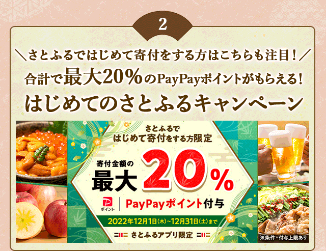 ＼さとふるではじめて寄付をする方はこちらも注目！／合計で最大《20％》のPayPayポイントがもらえる！「2022年 12月はじめてのさとふるキャンペーン」