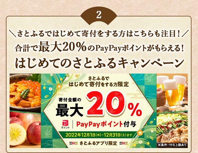 ＼さとふるではじめて寄付をする方はこちらも注目！／合計で最大《20％》のPayPayポイントがもらえる！「2022年 12月はじめてのさとふるキャンペーン」