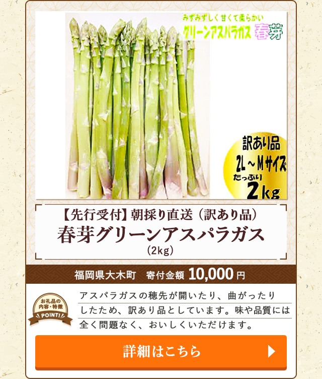 「【先行受付】朝採り直送 春芽グリーンアスパラガス(訳あり品)」(2kg)/福岡県大木町（寄付金額 10,000円）