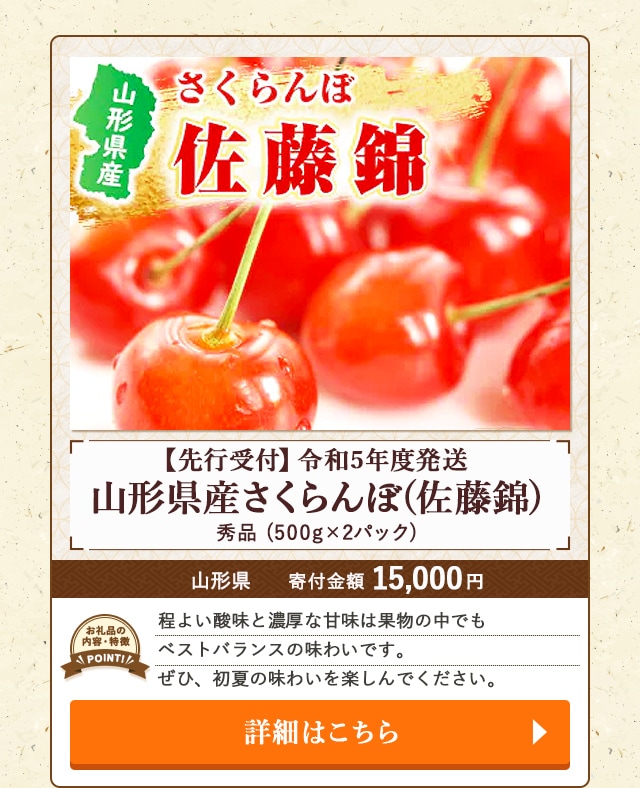 「【先行受付】令和5年度発送 秀品 山形県産さくらんぼ(佐藤錦)」(500g×2パック)/山形県（寄付金額 15,000円）