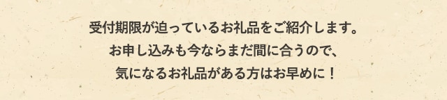 受付期限が迫っているお礼品をご紹介します。お申し込みも今ならまだ間に合うので、気になるお礼品がある方はお早めに！