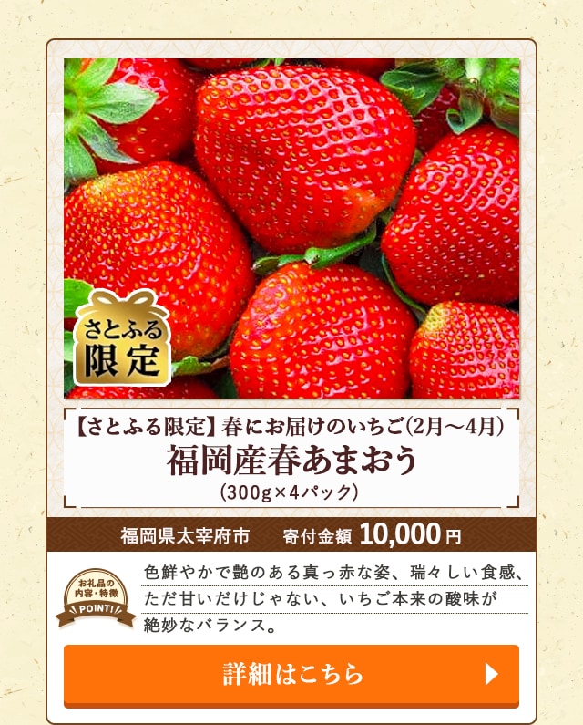 「【さとふる限定】春にお届けのいちご！(2月～4月)福岡産春あまおう」(300g×4パック)/福岡県太宰府市（寄付金額 10,000円）
