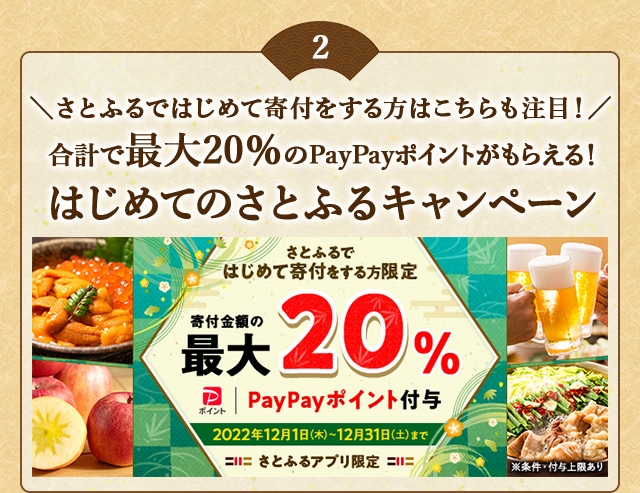＼さとふるではじめて寄付をする方はこちらも注目！／合計で最大《20％》のPayPayポイントがもらえる！「2022年 12月はじめてのさとふるキャンペーン」
