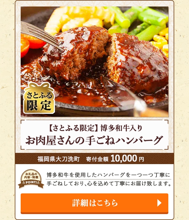 「【さとふる限定】お肉屋さんの手ごねハンバーグ【博多和牛入り】」/福岡県大刀洗町（寄付金額 10,000円）
