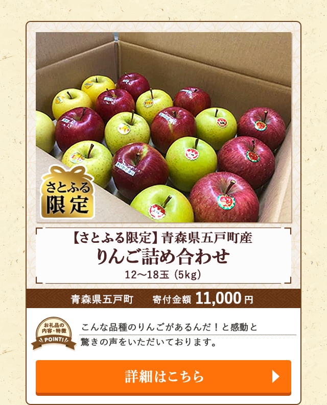 「【さとふる限定】青森県五戸町産 りんご詰め合わせ」(5kg、12～18玉)/青森県五戸町（寄付金額 11,000円）