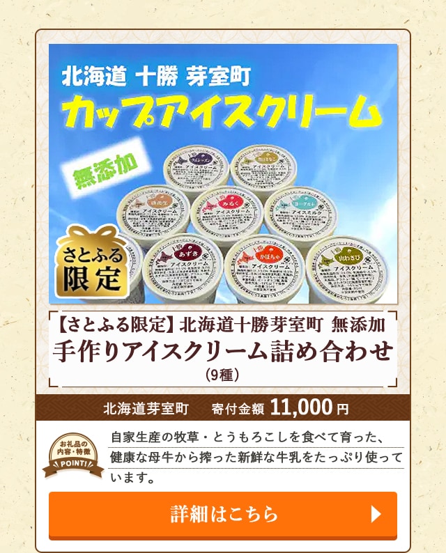 「【さとふる限定】北海道十勝芽室町 無添加 手作りアイスクリーム詰め合わせ」(9種)/北海道芽室町（寄付金額 11,000円）