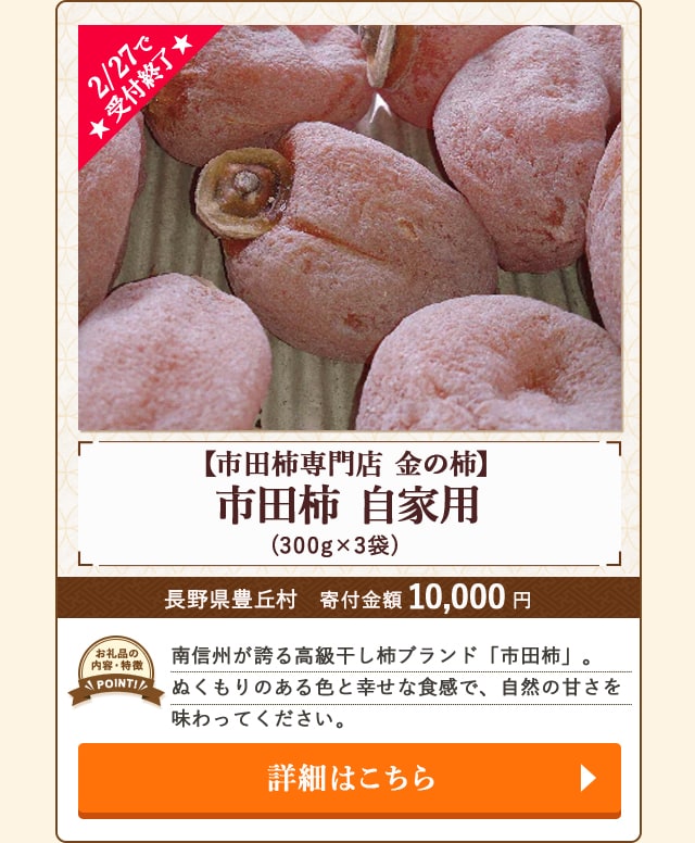 ★2/27で受付終了★「【市田柿専門店 金の柿】市田柿 自家用」(300g×3袋)/長野県豊丘村（寄付金額 10,000円）
