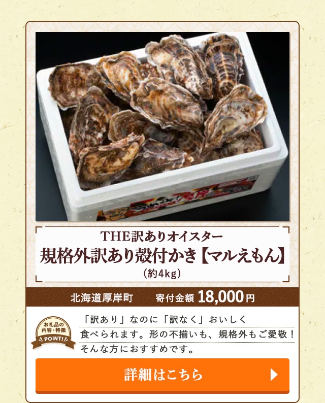 「THE訳ありオイスター 規格外訳あり殻付かき(マルえもん)」(約4kg)/北海道厚岸町（寄付金額 18,000円）