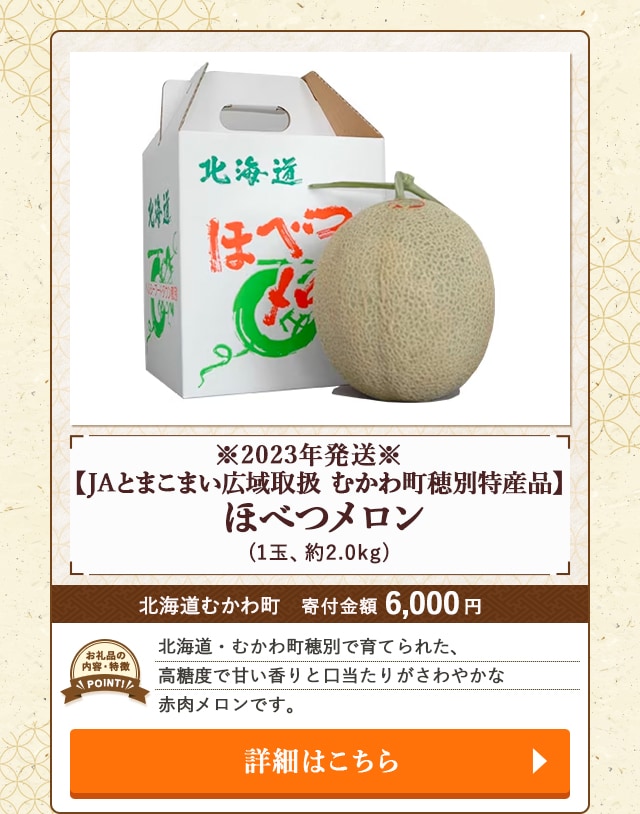 「※2023年発送※【JAとまこまい広域取扱 むかわ町穂別特産品】ほべつメロン」(1玉、約2.0kg)/北海道むかわ町（寄付金額 6,000円）