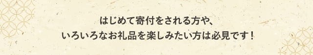 はじめて寄付をされる方や、いろいろなお礼品を楽しみたい方は必見です！