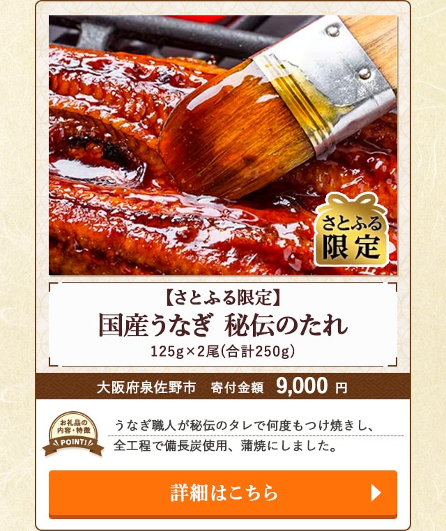 「【さとふる限定】国産うなぎ 秘伝のたれ」(合計250g、125g×2尾)/大阪府泉佐野市（寄付金額 9,000円）