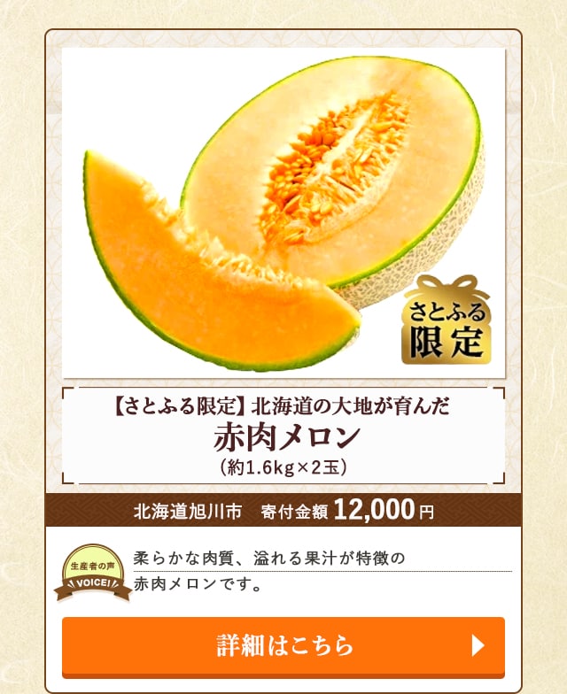 「【さとふる限定】北海道の大地が育んだ赤肉メロン」(約1.6kg×2玉)/北海道旭川市（寄付金額 12,000円）