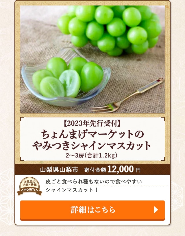 【2023年先行受付】ちょんまげマーケットのやみつきシャインマスカット(合計1.2kg、2～3房)/山梨県山梨市（寄付金額 12,000円）