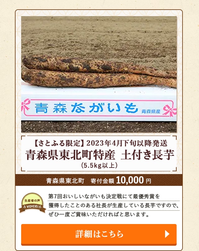 「【さとふる限定】2023年4月下旬以降発送 青森県東北町特産土付き長芋」(5.5kg以上)/青森県東北町（寄付金額 10,000円）