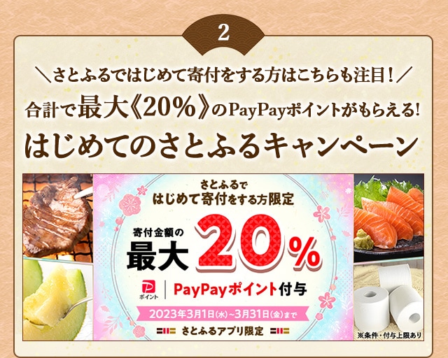 ＼さとふるではじめて寄付をする方はこちらも注目！／合計で最大《20％》のPayPayポイントがもらえるキャンペーン開催中！