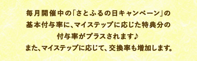 毎月開催中の「さとふるの日キャンペーン」の基本付与率に、マイステップに応じた特典分の付与率がプラスされます♪また、マイステップに応じて、交換率も増加します。