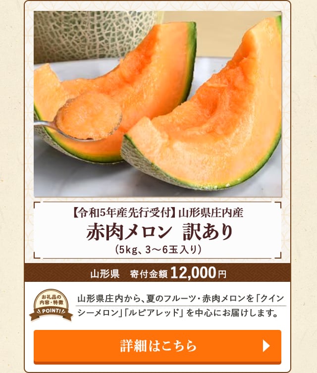 「【令和5年産先行受付】山形県庄内産 赤肉メロン 訳あり」(5kg、3～6玉入り)/山形県（寄付金額 12,000円）