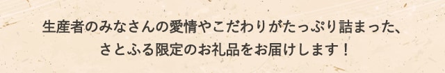 生産者のみなさんの愛情やこだわりがたっぷり詰まった、さとふる限定のお礼品をお届けします！