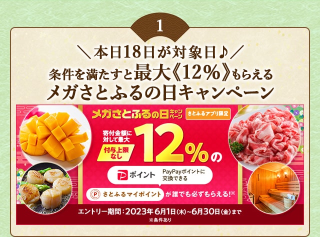 ＼最大《12％》(※1)のさとふるマイポイントがもらえる！／2023年6月 【さとふるアプリ限定】必ずもらえる！メガさとふるの日キャンペーン