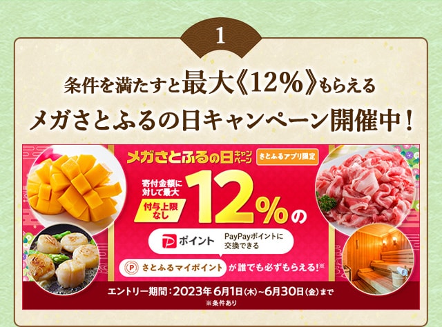 ＼最大《12％》(※1)のさとふるマイポイントがもらえる！／2023年6月 【さとふるアプリ限定】必ずもらえる！メガさとふるの日キャンペーン