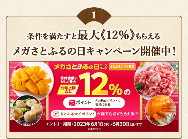 ＼最大《12％》(※1)のさとふるマイポイントがもらえる！／2023年6月 【さとふるアプリ限定】必ずもらえる！メガさとふるの日キャンペーン